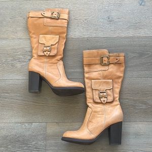 Report Tan Leather Cargo Buckle Heeled Rubber Soled Winter Boots, Lined-Size 9